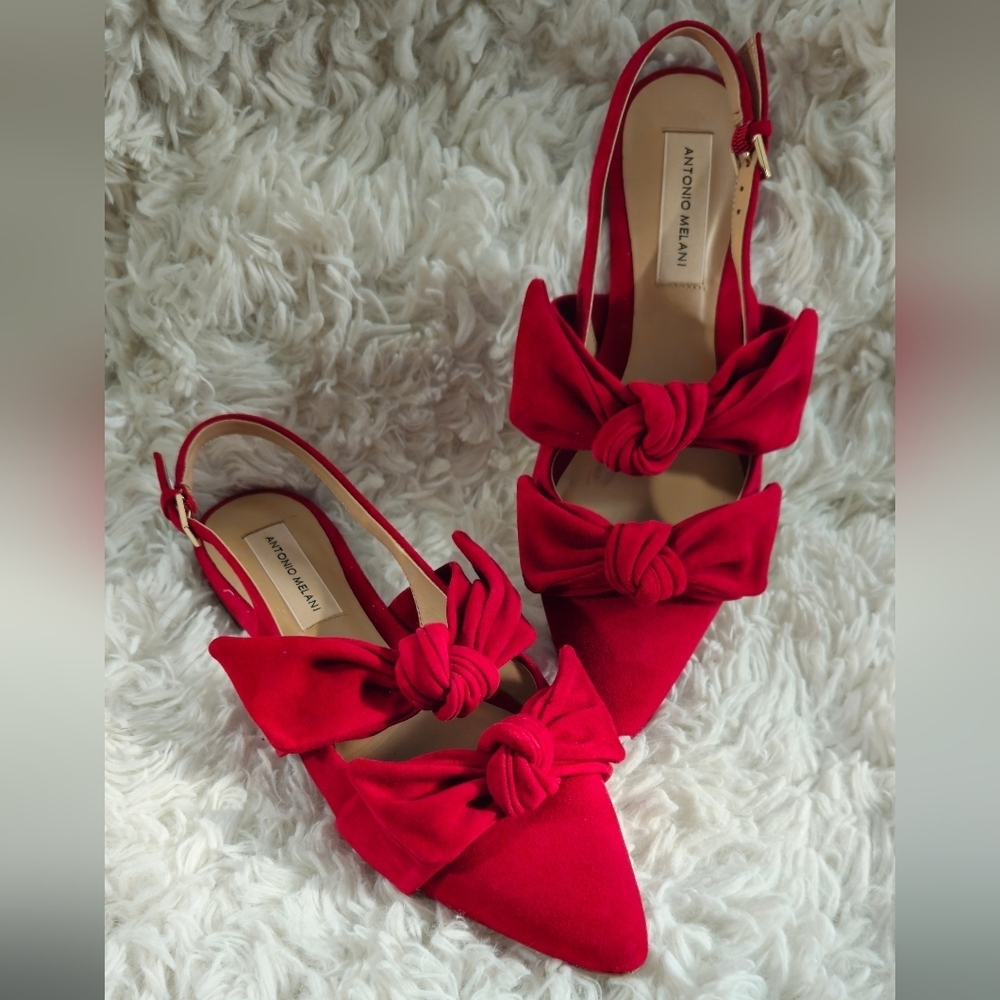 ANTONIO MELANI Remalyn Red Suede Double Bow Pointed Toe Slingback Flats - Size 8
